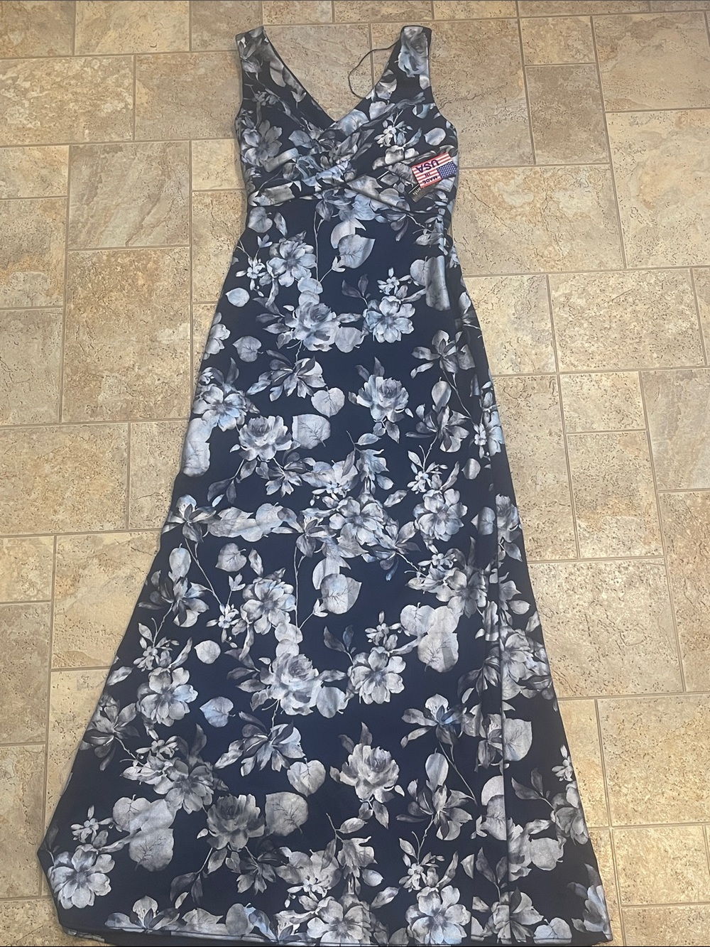 Navy Blue Floral Maxi Dress with V-Neck